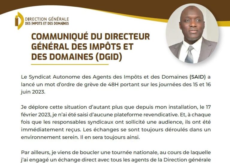 GREVE DES AGENTS DES IMPOTS ET DOMAINES-le DG Abdoulaye DIAGNE rassure tous citoyens, contribuables et usagers sur la continuité du service public